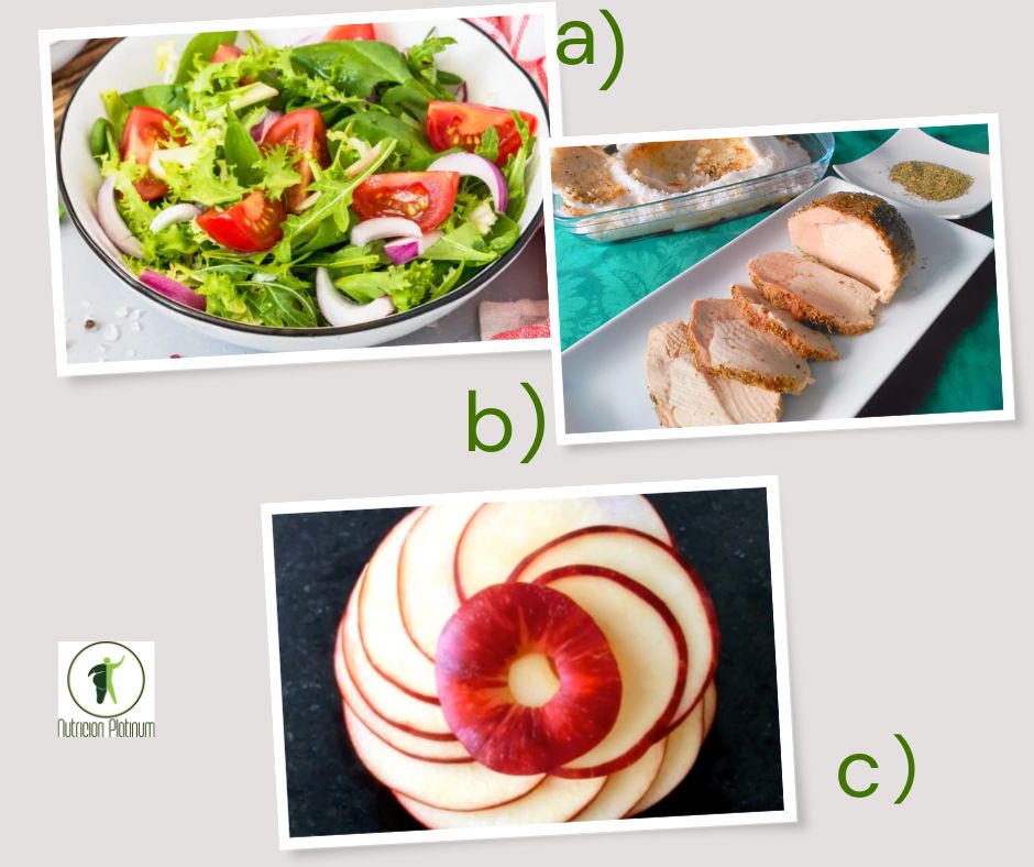 Ensalada tradicional con lomo a la sal y una pieza de fruta (manzana)